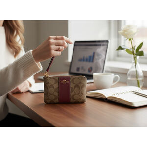 Coach Signature Canvas Red Stripe Wristlet One Size